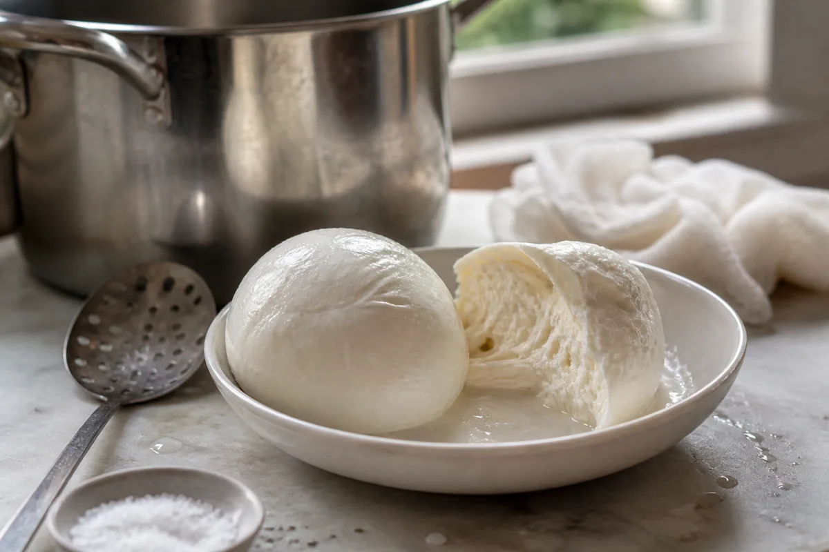 A freshly made ball of mozzarella in a bowl with one torn open beside it - fresh mozzarella | KnowTheCheese