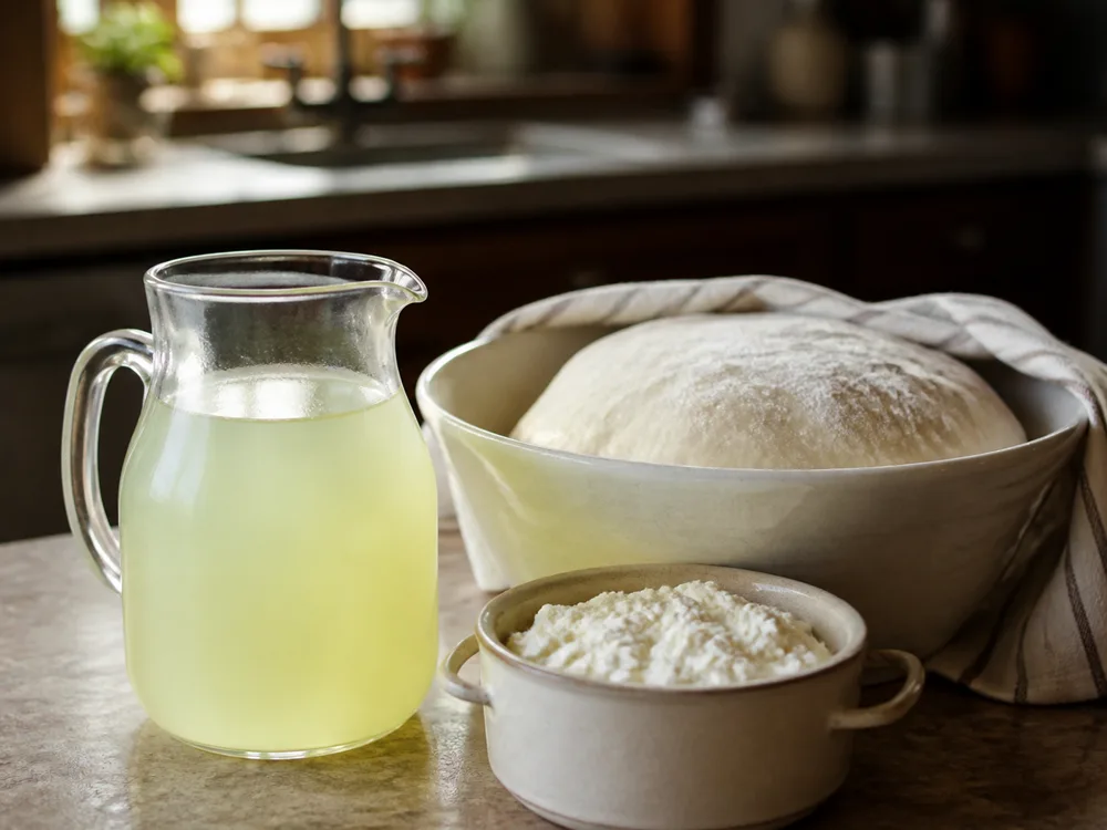 A glass jug of pale whey beside risen bread dough and a small pot of ricotta - fresh mozzarella | KnowTheCheese