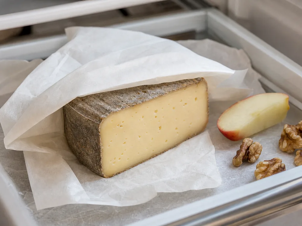 Wrapped cut wedge showing Aarewasser storage cues - Aarewasser cheese | KnowTheCheese