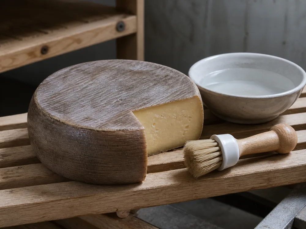 Gray washed-rind cheese beside a rind brush and water bowl - Aarewasser cheese | KnowTheCheese