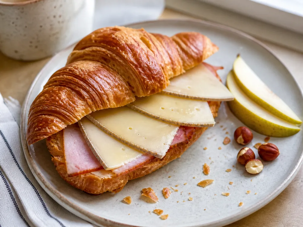 Croissant with ham and thin Aarewasser-style cheese slices - Aarewasser cheese | KnowTheCheese