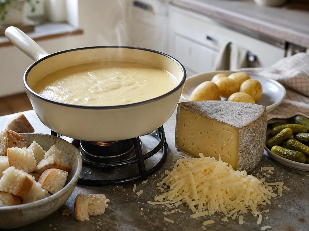 Mixed-cheese fondue with grated Aarewasser-style cheese and a gray-rind wedge - Aarewasser cheese | KnowTheCheese