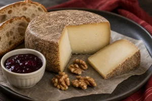 Abbaye de Belloc-style sheep cheese with walnuts, cherry jam, and rustic bread - Abbaye de Belloc cheese | KnowTheCheese
