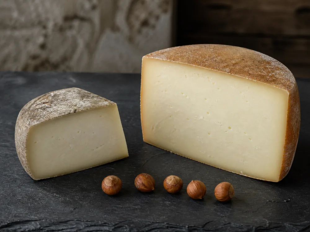 Belloc-style gray tomme beside a larger Ossau-Iraty-style sheep cheese wedge - Abbaye de Belloc | KnowTheCheese