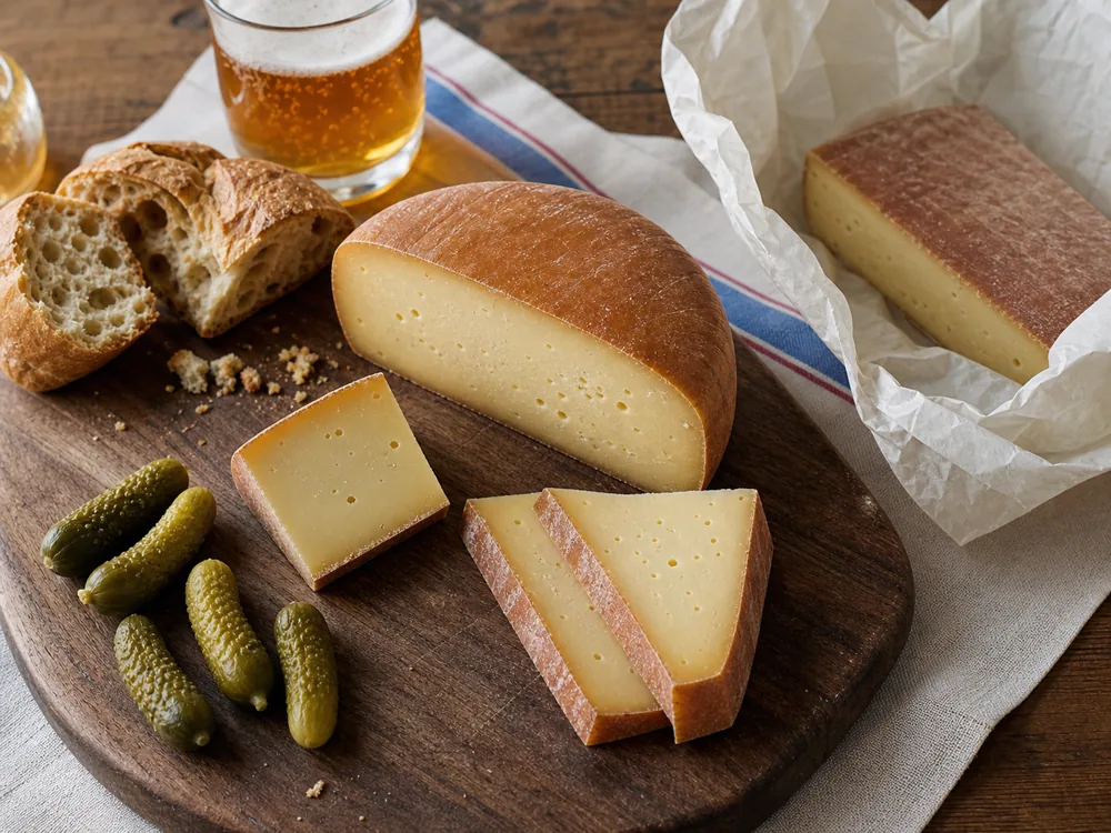 Abbaye de Belval-style wedges with beer bread cornichons and loose wrapping - Abbaye de Belval | KnowTheCheese