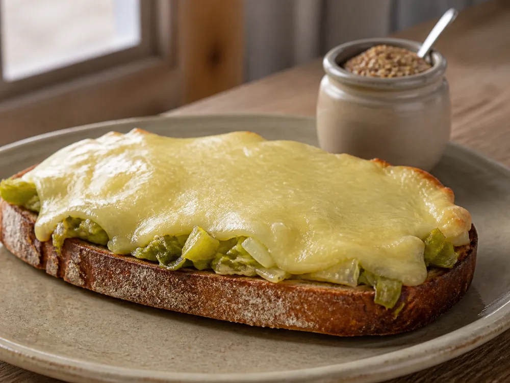 Warm tartine with melted Belval-style cheese leeks and mustard - Abbaye de Belval | KnowTheCheese