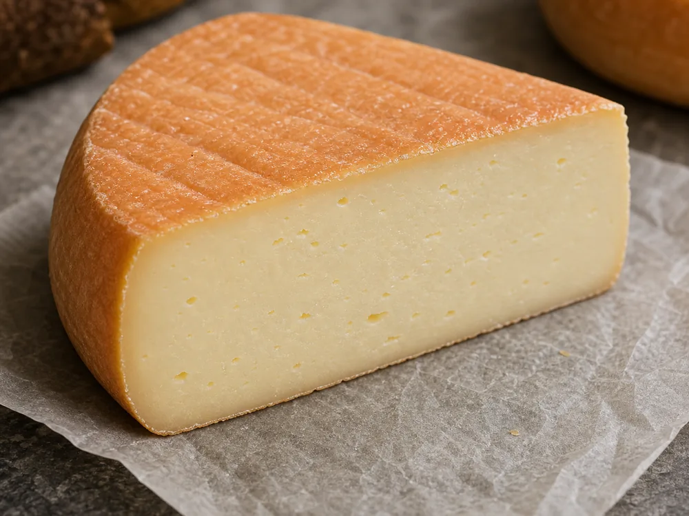 Washed rind and creamy paste detail on Abbaye de Citeaux-style cheese - Abbaye de Citeaux | KnowTheCheese
