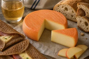 Abbaye de Timadeuc-style Breton washed-rind cheese with galette cider and bread - Abbaye de Timadeuc | KnowTheCheese