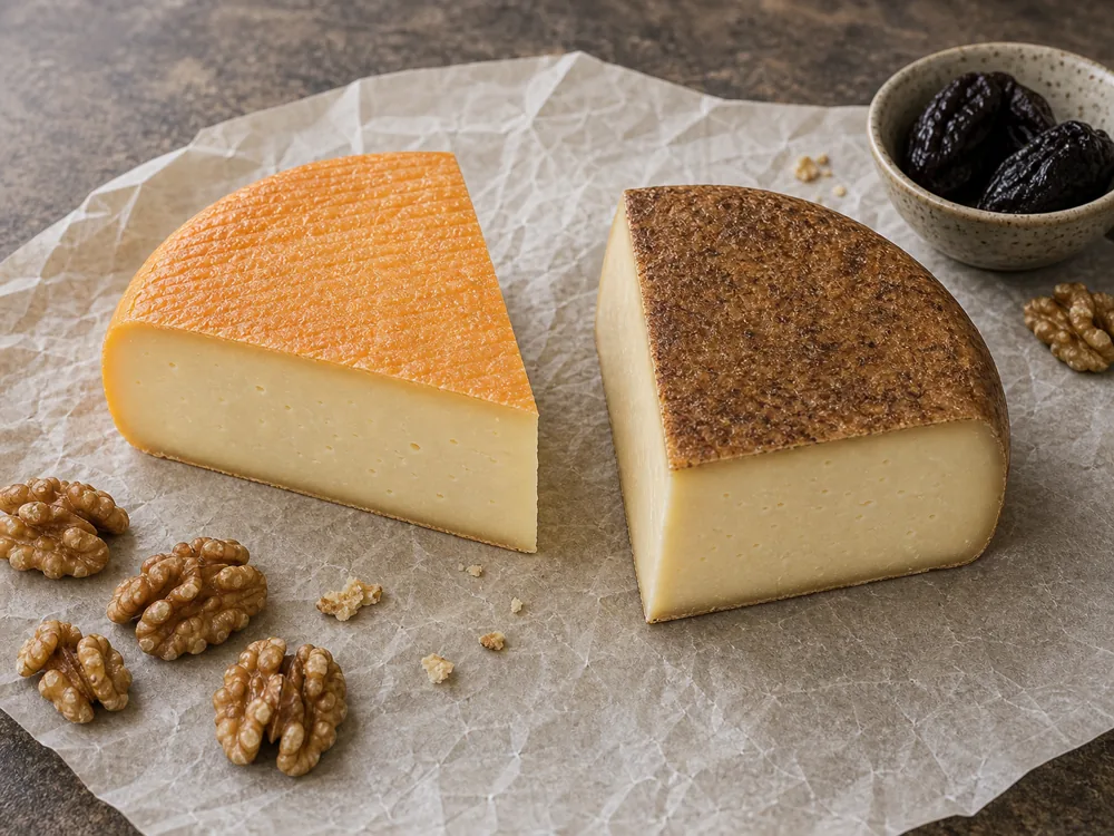 Plain Timadeuc-style wedge beside darker Timanoix-style walnut variant - Abbaye de Timadeuc | KnowTheCheese
