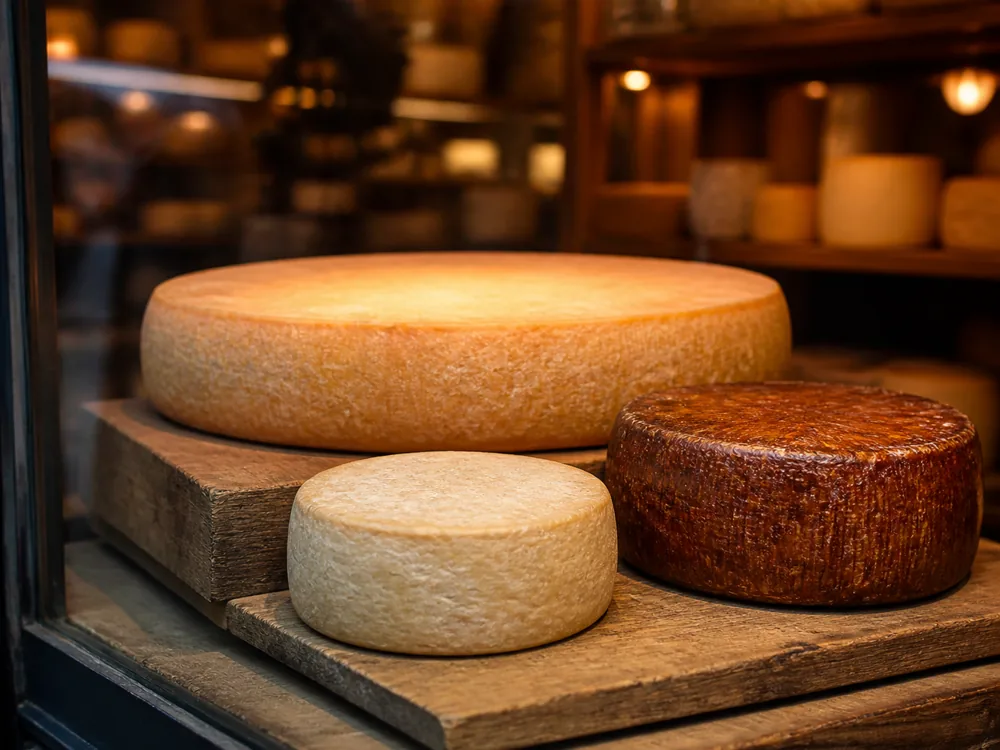 Three abbey cheese formats on stepped risers in a shop window - Abbaye du Mont des Cats | KnowTheCheese