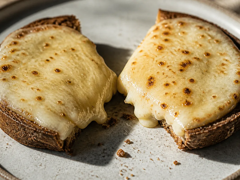 Toasted dark rye with melted cheese broken into two halves showing a short creamy break - Abbaye du Mont des Cats | KnowTheCheese