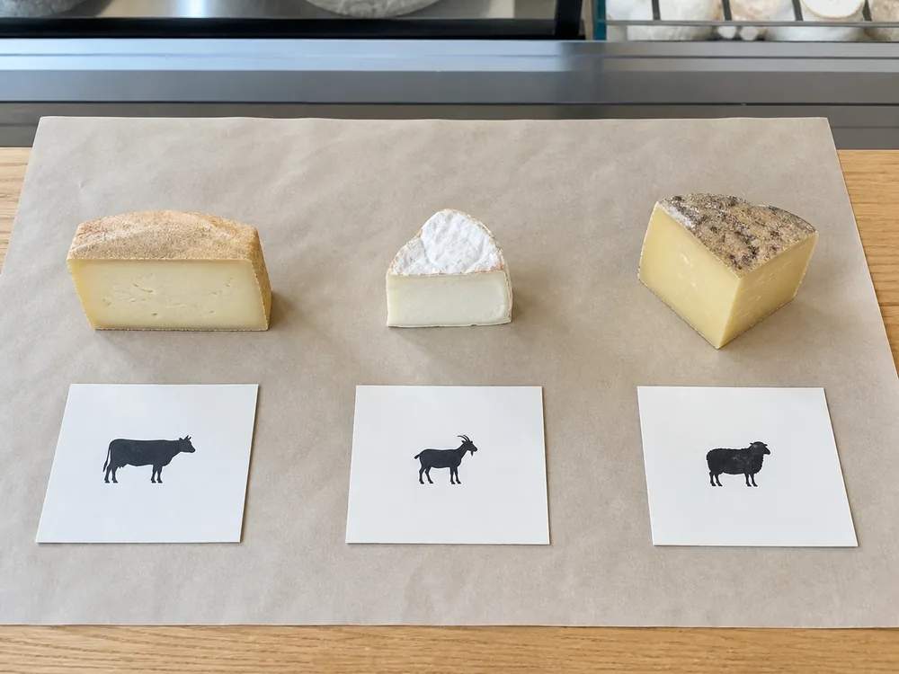 Three current farm cheese labels separated by cow goat and sheep milk - Abertam cheese | KnowTheCheese