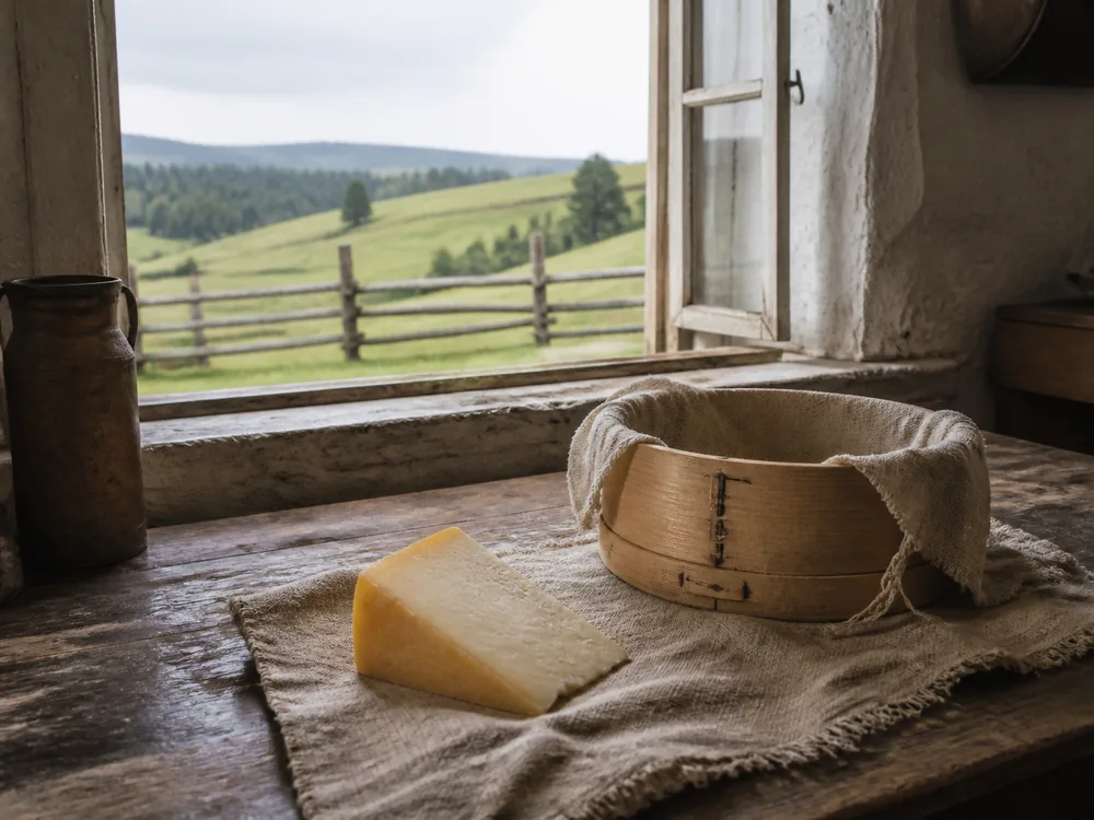 Ore Mountains farmhouse table with sheep cheese and Abertamy landscape beyond - Abertam cheese | KnowTheCheese