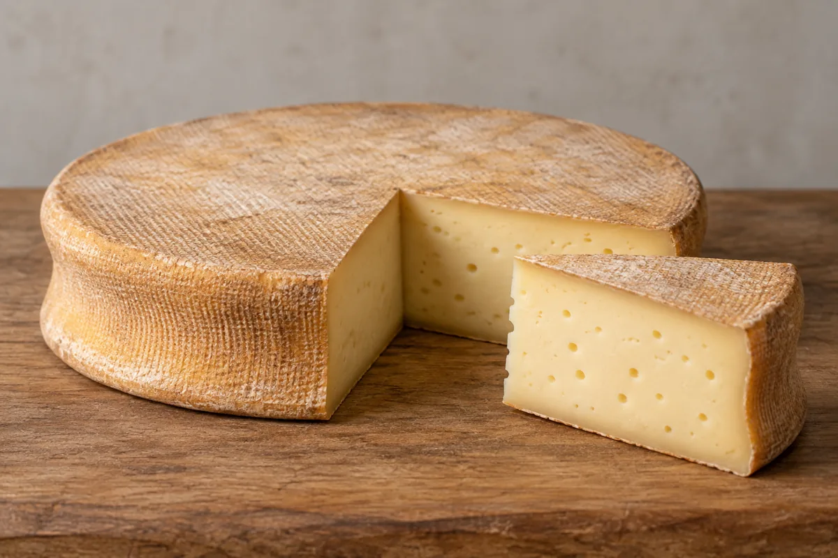 Abondance wheel with a concave heel and cloth-marked rind beside a cut wedge of ivory paste - Abondance | KnowTheCheese