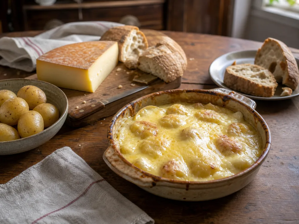Warm Abondance dish with potatoes and rustic bread - Abondance cheese | KnowTheCheese