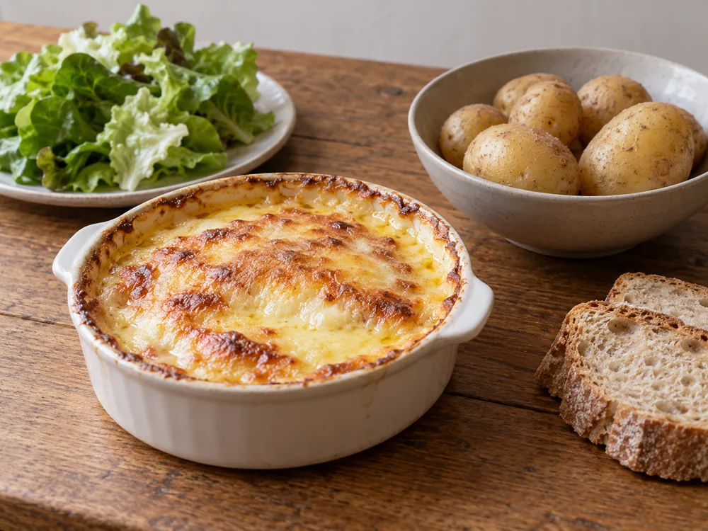 Berthoud of baked Abondance in a small porcelain dish with potatoes in their skins, bread and green salad - Abondance | KnowTheCheese