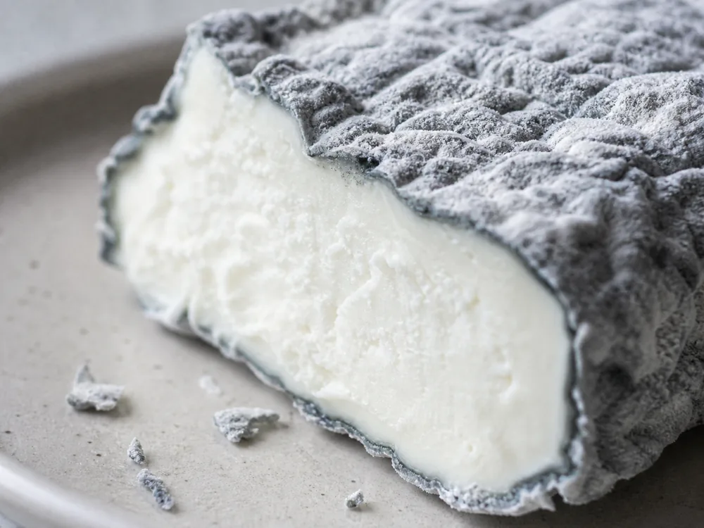 Close view of ash rind and white goat curd - Acapella cheese | KnowTheCheese