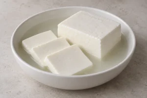 Smooth white Ackawi block and square slices in a bowl of brine - Ackawi | KnowTheCheese