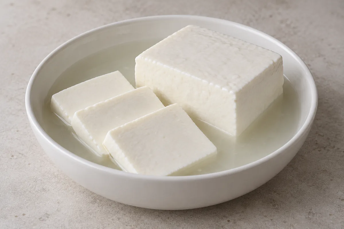Smooth white Ackawi block and square slices in a bowl of brine - Ackawi | KnowTheCheese