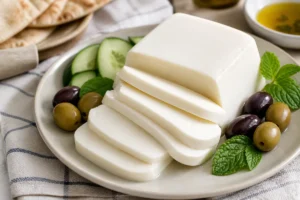Ackawi-style brined white cheese slices with olives, mint, cucumber, and flatbread - Ackawi cheese | KnowTheCheese