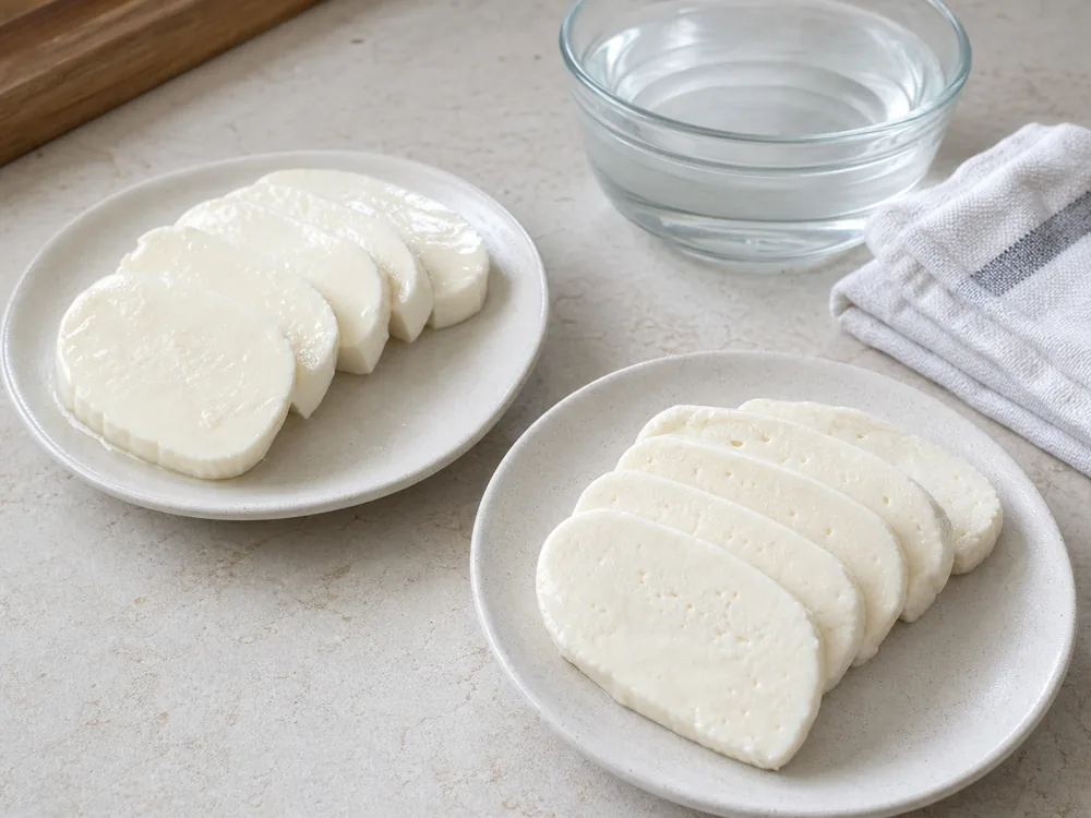 Ackawi slices before and after soaking beside a bowl of water - Ackawi cheese | KnowTheCheese