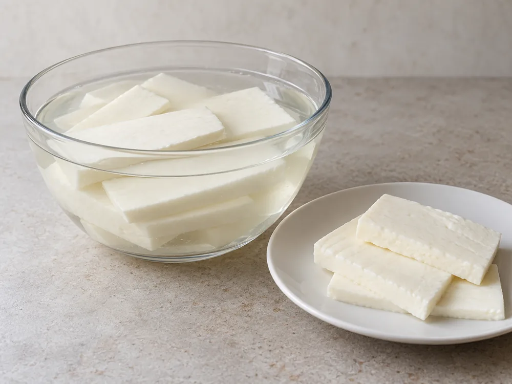Thin white Ackawi slices soaking in a glass bowl of water - Ackawi | KnowTheCheese