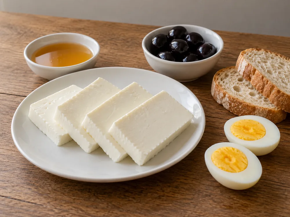 White Ackawi slices with honey, black olives, boiled eggs and bread - Ackawi | KnowTheCheese