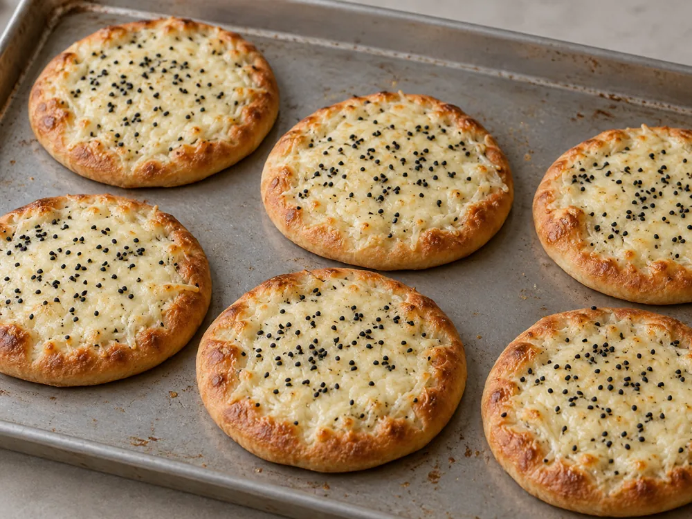 Small baked flatbread rounds topped with melted white cheese and black nigella seeds on a baking sheet - Ackawi | KnowTheCheese