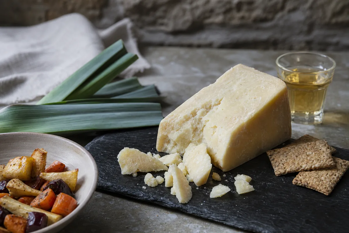 Hard Welsh sheep cheese wedge with leeks oat crackers and cider - Acorn | KnowTheCheese