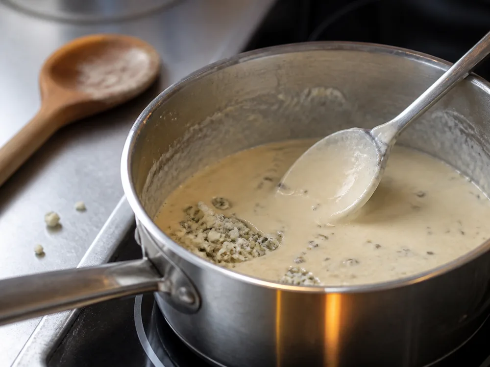 Swedish-style blue cheese crumbling into cream sauce in a saucepan - Ädelost | KnowTheCheese