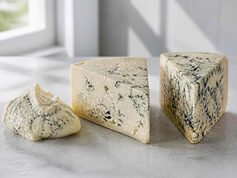 Three Ädelost-style portions comparing creamy standard and stronger blue textures - Ädelost | KnowTheCheese