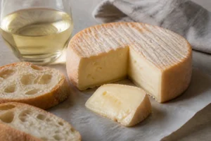 Golden washed-rind Affidelice au Chablis-style cheese with baguette and white wine - Affidelice au Chablis | KnowTheCheese