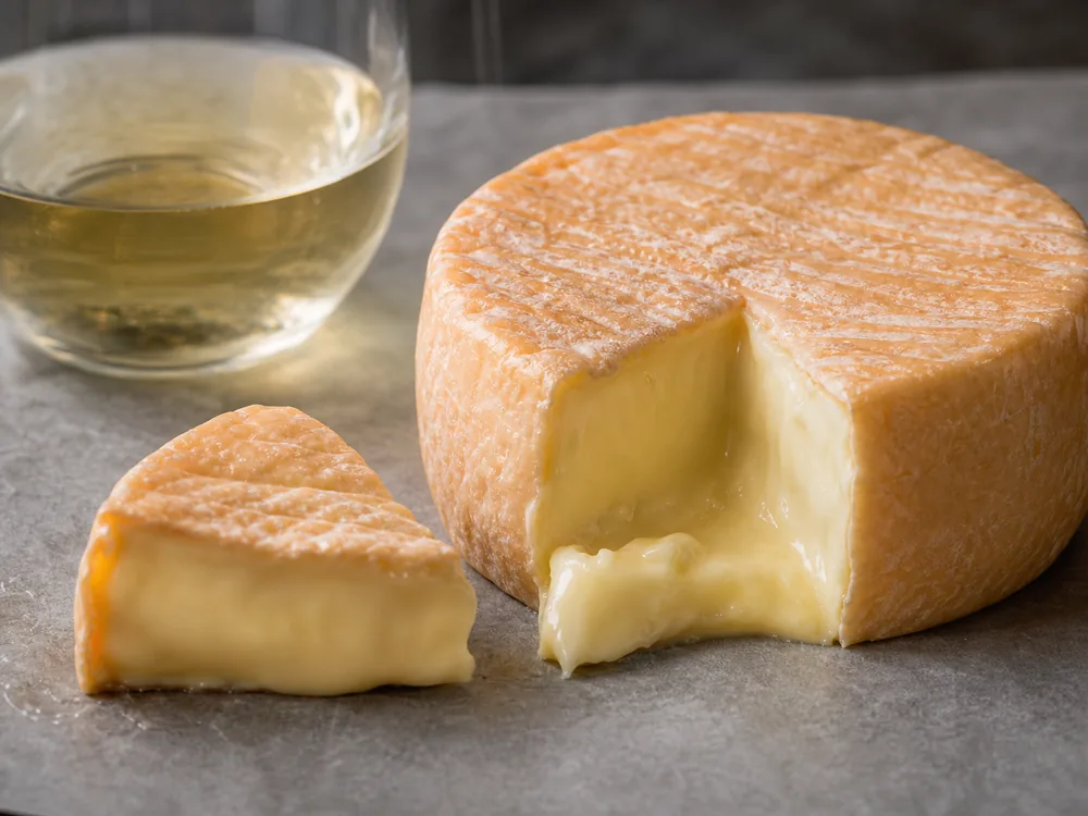 Golden washed rind and creamy center on an Affidelice au Chablis-style wedge - Affidelice au Chablis | KnowTheCheese