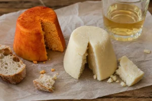 White and paprika-red Afuega'l Pitu-style cheeses with cider and bread - Afuega'l Pitu | KnowTheCheese