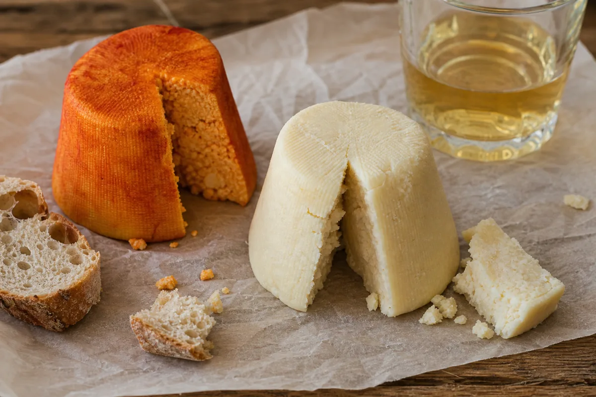 White and paprika-red Afuega'l Pitu-style cheeses with cider and bread - Afuega'l Pitu | KnowTheCheese