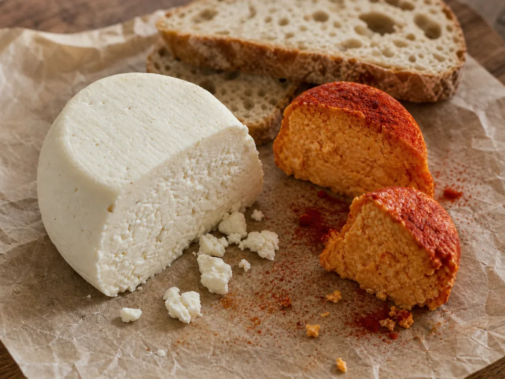 White and paprika-red Afuega'l Pitu-style cheese pieces with bread - Afuega'l Pitu | KnowTheCheese