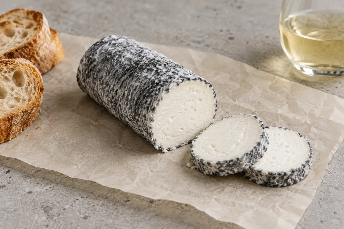 Illustration of an ash-coated goat cheese log with cut rounds, baguette, and white wine - Aged Chelsea | KnowTheCheese