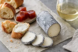 Ash-coated goat cheese log with baguette quince paste and white wine - Aged Chelsea | KnowTheCheese