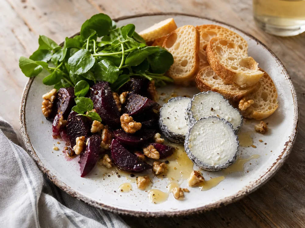 Ash-coated goat cheese discs with beets walnuts and honey - Aged Chelsea | KnowTheCheese