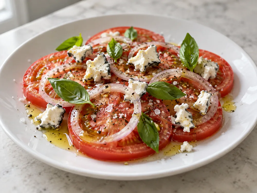 Tomato and onion salad topped with bite-size pieces of ash-edged goat cheese - Aged Chelsea | KnowTheCheese