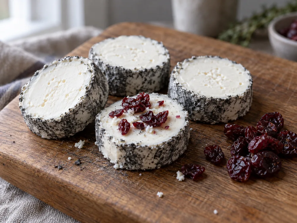 Discs of ash-coated goat cheese on a board with dried cranberries - Aged Chelsea | KnowTheCheese