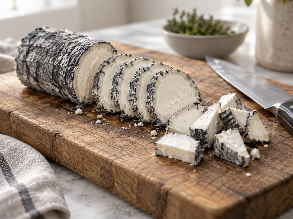 Ash-coated goat cheese log cut into slices and bite-size pieces on a board - Aged Chelsea | KnowTheCheese