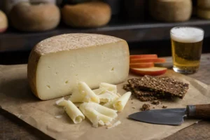 Aged Dutch goat cheese wedge with shavings crackers apple and beer - Aged Goat's Cheese | KnowTheCheese