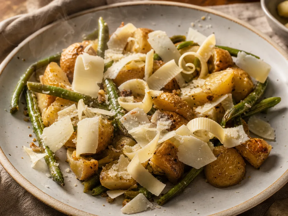 Aged goat cheese shavings over warm potatoes and green beans - Aged Goat's Cheese | KnowTheCheese