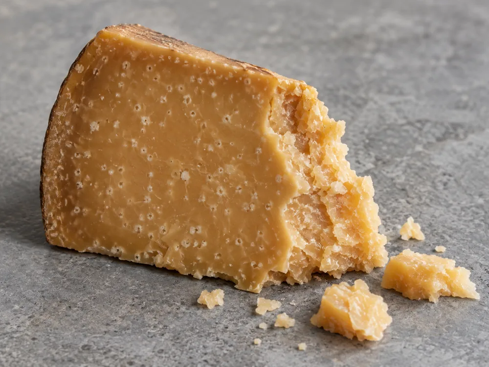Broken piece of firm cheese with white crystals in a toffee-coloured paste - Aged Goat's Cheese | KnowTheCheese