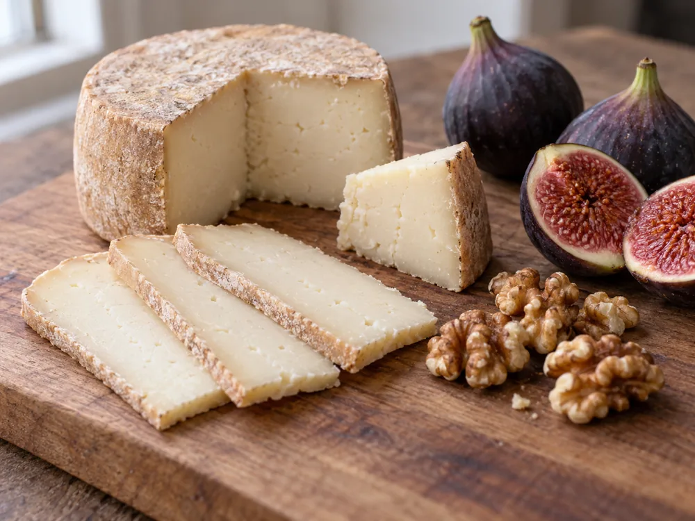 Thin slices of firm goat's cheese with nuts and figs on a cheese board - Aged Goat's Cheese | KnowTheCheese