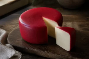 Deep red waxed round with a cut wedge showing pale cream paste - Airedale | KnowTheCheese