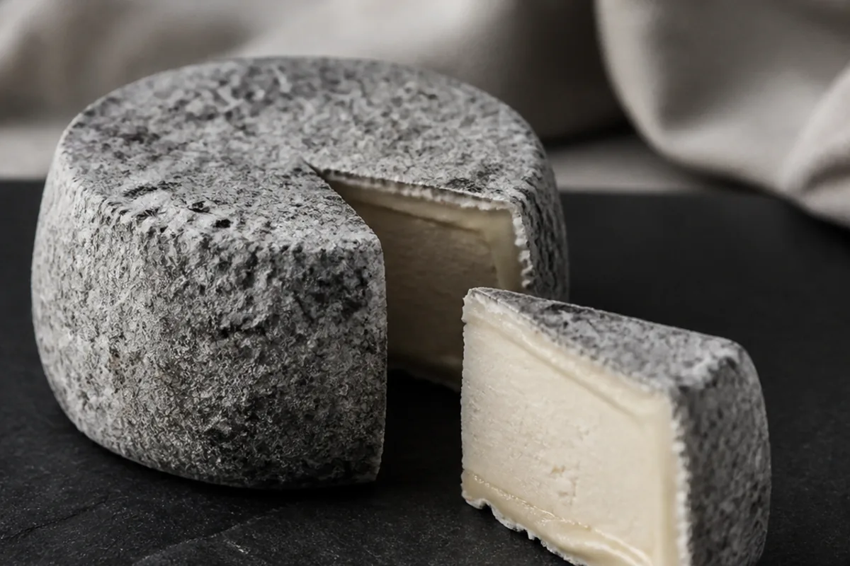 Grey ash-coated disc with a cut wedge showing a creamier band at the edge - Aisy Cendré | KnowTheCheese