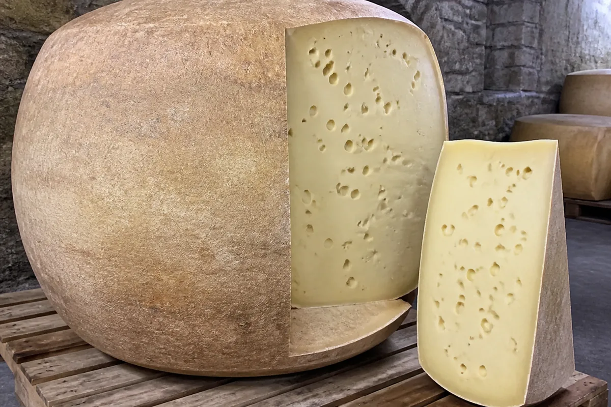 Enormous convex-sided wheel with tan natural rind and a cut wedge showing pale paste with large round holes - Allgauer Emmentaler | KnowTheCheese