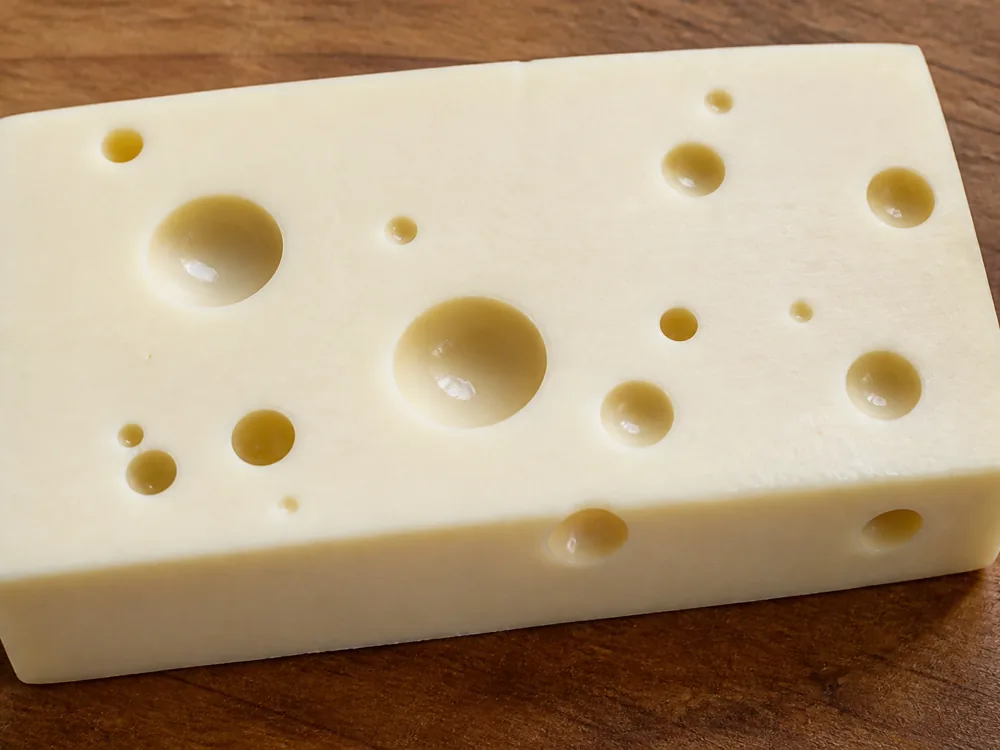 Thick slab cut face up showing pale ivory paste with round holes of differing sizes and glossy interior walls - Allgauer Emmentaler | KnowTheCheese